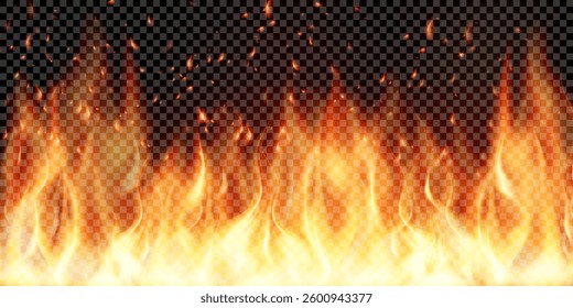 Flame with ember particles and fume on transparent background.Vector border of fire, mockup bright burning blaze with smoke . Glowing fiery element with smoke and sparks