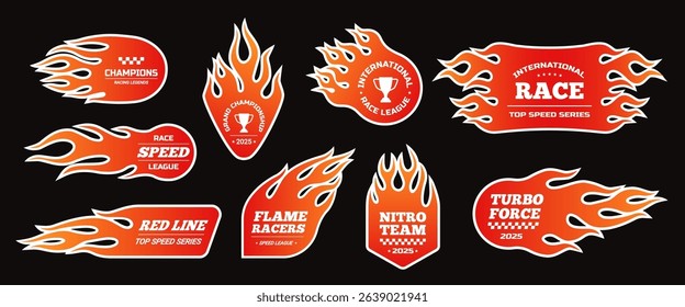 Flame emblem. Racing car flaming decal or logos with dynamic fire and typography, speed and power badges. Motorsport, hotrod and car racing labels, flammable patches. vector stickers isolated set.