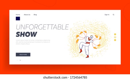 Flame Entertainment, Street Fair, Circus Amusement Landing Page Template. Young Man Fakir Character Dancing and Juggling with Fire Performing Show Program for Viewers. Linear Vector Illustration