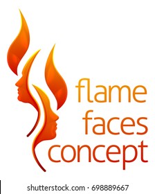Flame face concept of fire forming a man and a womans faces in profile