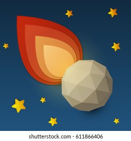 Flame falling meteorite in space. Science concept inspiration. Paper art cartoon realistic trendy craft style. Modern origami design template. Funny cute childrens vector illustration.