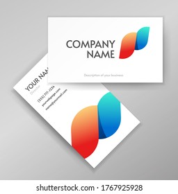 Flame file abstract logotype on business visiting card template design in orange blue gradient or creative sharp flow wave colorful logo element vector symbol, concept of energy or power modern trendy