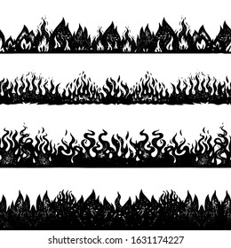 Flame and fire background. Seamless pattern in vintage style. Hand drawn engraved bonfire sketch for printing decorative adhesive tapes or cards. Vector illustration for posters, banners and logo.