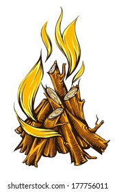 Llama a fuego de fogata con leña. Ilustración vectorial Eps10. Aislado sobre fondo blanco
