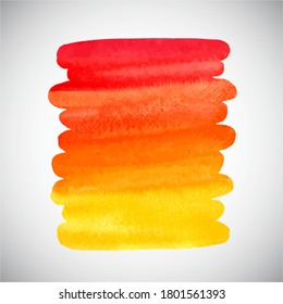 Flame, fire colors watercolor vector brush stroke shape background, rectangle frame, autumn border template. Striped colorful watercolour stains gradient fill - orange, red, yellow. Hand drawn texture