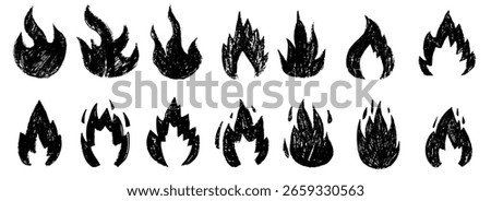 Flame fire crayon chalk doodle sketch vector illustration. Burning punk rock rough grunge elements collection isolated on white background. Stickers, print decoration.