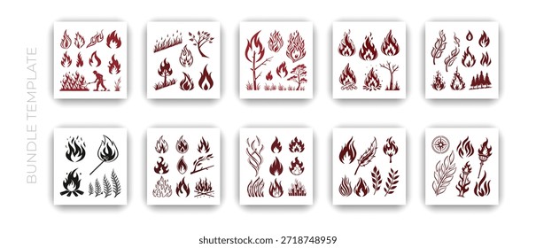 Flamme und Feuer Element Linie Art Illustration Bundle in Tamplate