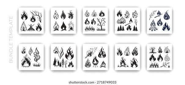 Paquete de ilustración de arte de línea de elemento de llama y fuego en Tamplate