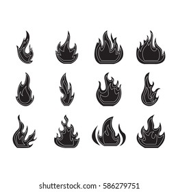 flame fire flat black icon set