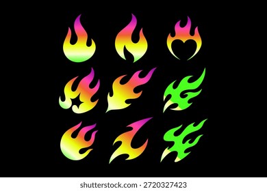Flame fire gradient abstract icon set. Burning fire dynamic curve icon bundle. Set of fire, burn, star, energy, arrow abstract decorative pack. Futuristic inspired modern symbol vector collection