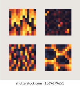 Flame and fire ground textures, abstract seamless tiles logo set pixel art style background. Isolated vector illustration. 8-bit. Design for web, stickers, logo and mobile app.