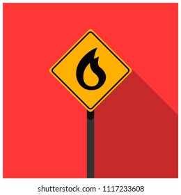 Flame Fire Icon on Road Sign Flat Design With long Shadow