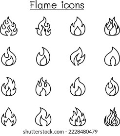 Flame, fire icon set in thin line style