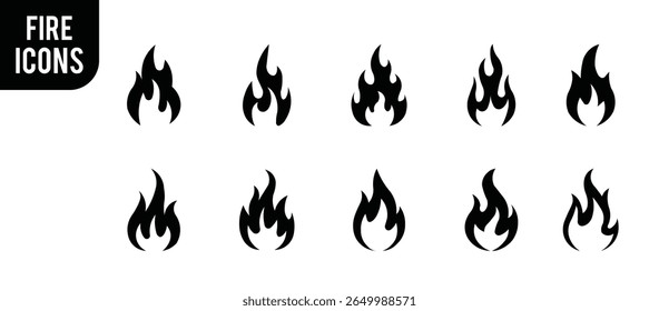 "Flame and fire icons collection. Flat style bonfire symbol set."