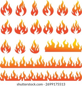 Conjunto de iconos de llama y fuego. Símbolos de calor y energía ardientes con llamas y bordes de gradiente naranja. Colección de Vector mínima moderna para conceptos de diseño de advertencia, calor y temperatura
