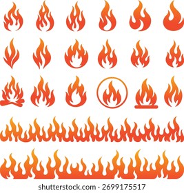 Conjunto de iconos de llama y fuego. Símbolos de calor y energía ardientes con llamas y bordes de gradiente naranja. Colección de Vector mínima moderna para conceptos de diseño de advertencia, calor y temperatura