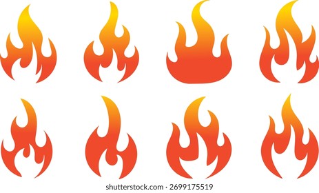 Conjunto de iconos de llama y fuego. Símbolos de calor y energía ardientes con llamas y bordes de gradiente naranja. Colección de Vector mínima moderna para conceptos de diseño de advertencia, calor y temperatura