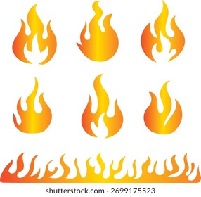 Conjunto de iconos de llama y fuego. Símbolos de calor y energía ardientes con llamas y bordes de gradiente naranja. Colección de Vector mínima moderna para conceptos de diseño de advertencia, calor y temperatura