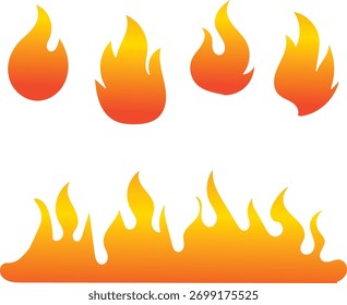 Conjunto de iconos de llama y fuego. Símbolos de calor y energía ardientes con llamas y bordes de gradiente naranja. Colección de Vector mínima moderna para conceptos de diseño de advertencia, calor y temperatura