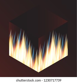 Flame of fire on the edges of a dark cube. Vector illustration.