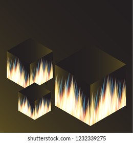 Flame of fire on the edges of a dark cube. Vector illustration.