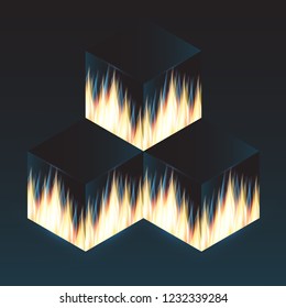 Flame of fire on the edges of a dark cube. Vector illustration.