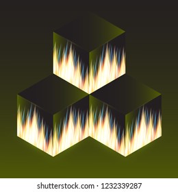 Flame of fire on the edges of a dark cube. Vector illustration.