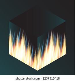 Flame of fire on the edges of a dark cube. Vector illustration.