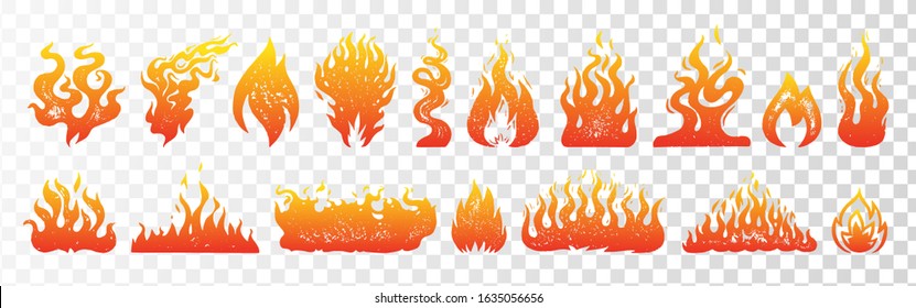 Flame and fire set on transparent background. Hand drawn engraved monochrome color bonfire. Isolated vintage sketch. Vector illustration for posters, banners and logo.