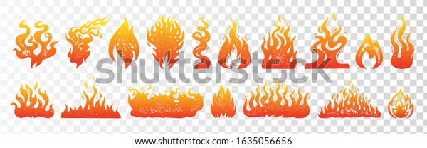 Flame and\
fire set on transparent background. Hand drawn engraved monochrome\
color bonfire. Isolated vintage sketch. Vector illustration for\
posters, banners and\
logo.