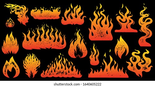 Flame and fire Set in vintage style. Hand drawn engraved monochrome bonfire or burn sketch. Vector illustration for posters, banners and logo.