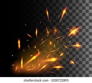 Flame of fire with sparks flying up glowing particles on dark transparent background.