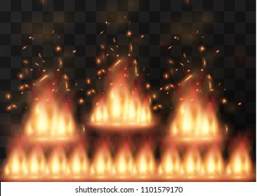 Flame of fire with sparks on a black background. The texture of the fiery storm. The fiery sparks of Boke's lights flash, a shot of a flying spark in the air.over a dark night.