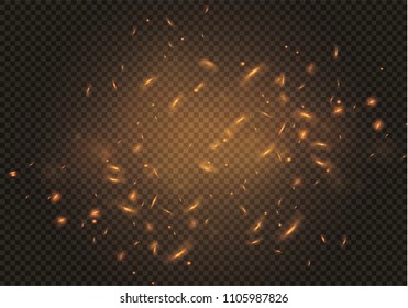 Flame of fire with sparks on a black background. The texture of the fiery storm. The fiery sparks of Boke's lights flash, a shot of a flying spark in the air.over a dark night.