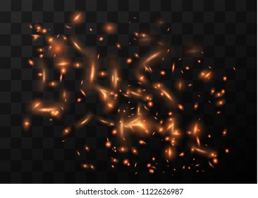 Flame of fire with sparks on a black background. The texture of the fiery storm. The fiery sparks of Boke's lights flash, a shot of a flying spark in the air.over a dark night.
