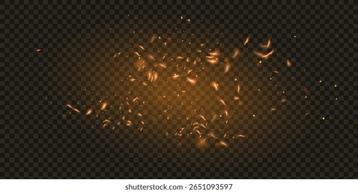 Chama de fogo com faíscas em um fundo preto. A textura da tempestade de fogo. As faíscas ardentes das luzes piscam, uma foto de uma faísca voadora no ar.