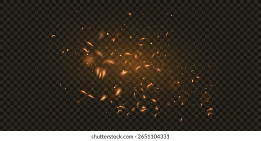 Flame of fire with sparks on a black background. The texture of the fiery storm. The fiery sparks of lights flash, a shot of a flying spark in the air. a dark night