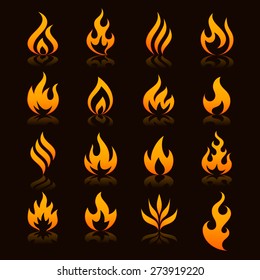 flame and fire vector icons with reflections on a dark background