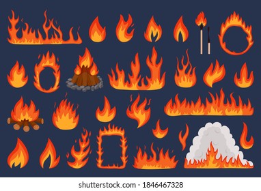 Flame fire vector illustration set. Cartoon flat red and orange flamed ignition light effect collection with hot danger flaming elements, bonfire or campfire, shiny flame frame borders and wildfire