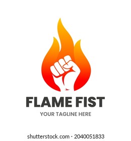 Plantilla de diseño del logotipo de Flame Fist. Levanté la mano en el fuego. Ilustración vectorial de material.