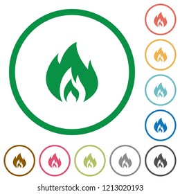 Flame flat color icons in round outlines on white background