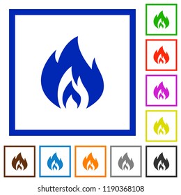 Flame flat color icons in square frames on white background