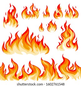 Flame flat vector illustration set. Fire, burning, blazing, texture. Danger, decoration, ignition concept