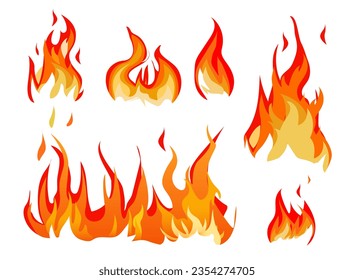 Flame flat vector illustration set. Fire, burning, blazing, texture. Danger, decoration, ignition concept