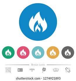 Flame flat white icons on round color backgrounds. 6 bonus icons included.