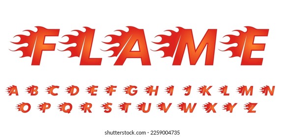 Flame font. Alphabet for fast speed cars race lettering, hot heat branding title and fire letters vector set. Burning capital characters, latin abs typeface, red isolated typescript