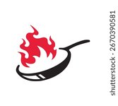 Flame frying pan logo concept. Cast iron frying pan design illustration, vector.