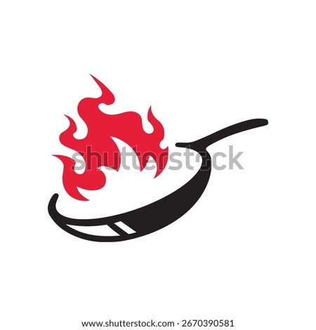 Flame frying pan logo concept. Cast iron frying pan design illustration, vector.