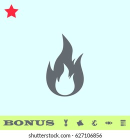 Flame gas fire icon flat. Grey pictogram on blue background. Vector illustration symbol and bonus buttons medal, cow, earth, eye, calculator