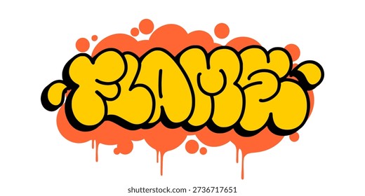 Flame graffiti throw up bubble letter design. Yellow and red street art lettering with dripping paint effect for urban apparel and streetwear branding. High quality vector.